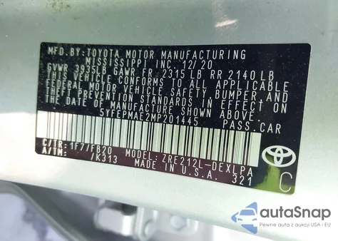 2021 Toyota Corolla Le from USA, damaged, VIN 5YFEPMAE2MP201445